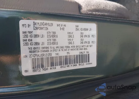 2003 Chrysler Town & Country Lxi из США, поврежденный, VIN 2C4GP54L03R121259